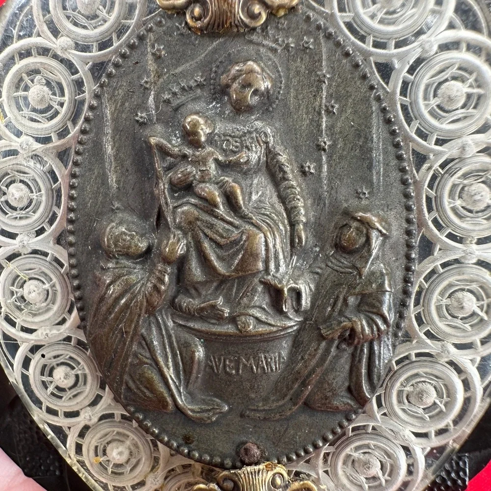 VTG 2 Handmade Religious Brooch/Necklace Ave‎ Maria Madonna Child Cross Filigree